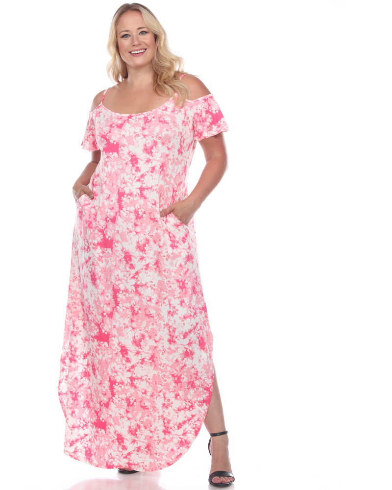 Front of a model wearing a size 2X Cold Shoulder Tie-Dye Maxi Dress in Fuchsia/White by White Mark. | dia_product_style_image_id:247372